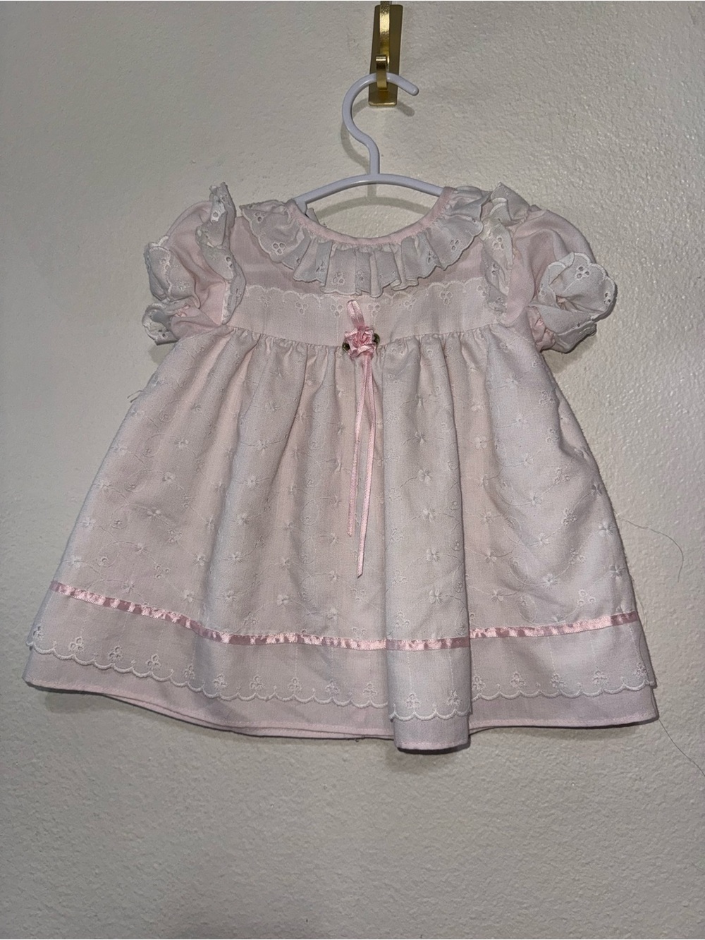 Vintage Jo Lene Pink Eyelet Baby Dress with Ribbon Accent